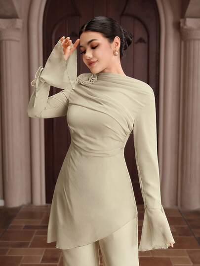 Graceveil 女士优雅荷叶边袖纯色装饰腰部衬衫，春秋季