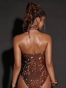 SHEIN BAE Women's Cute Brown Elegant Printed Spaghetti Strap Backless Hollow Out High Slit One-Piece Swimsuit,Summer Beach Vacation Outfits,Deer Pattern - Brown - View 2
