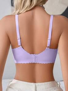 SHEIN 1pc Seamless Mesh Patchwork Solid Color Ruffled Adjustable Wireless Removable Padded Bra For Women - Lilac Purple - View 2
