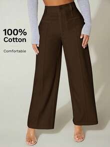 SHEIN PETITE High Waist Wide Leg Summer Dress Pants 100% Cotton - Coffee Brown - View 3