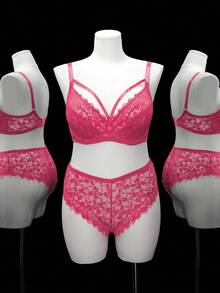 SHEIN Bộ 2 áo ngực ren cỡ lớn có gọng - Màu Hồng Tươi - Xem 4