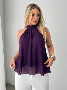 Auralis Plus Size Women Solid Color Pleated Halter Neck Camisole Tops For Chiffon Blouse Elegant Summer Latest Graduation Praia - Purple - View 5