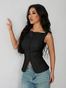 SHEIN PETITE Camisa casual sin mangas de mujer con textura geométrica y abotonadura sencilla, con tela con textura geométrica y microfibra elástica, camisa ajustada de mujer, elegante y de moda para ir al trabajo, top casual de moda simple para todos los días, primavera/verano, top sin mangas, blusas de estilo antiguo, ropa occidental para mujer - Negro - Ver 7