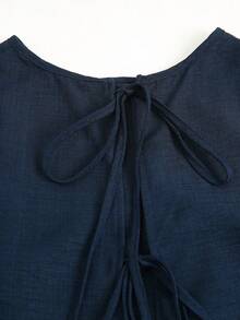 SHEIN PETITE 女士休闲度假套装，圆领露背扎染印花上衣搭配扎染短裤，春夏款 - 藍白色 - 查看 5