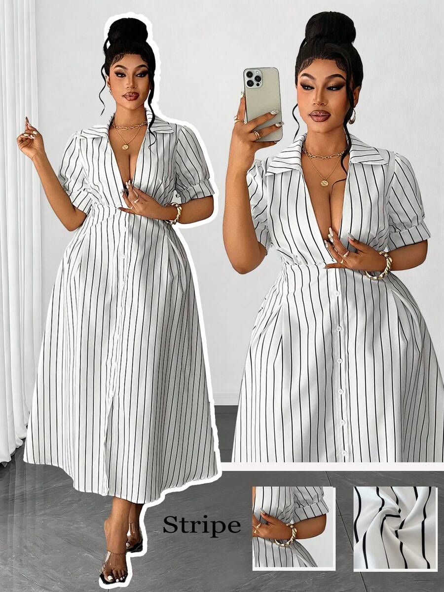 Maweii Retro American Casual Striped Print Plus Size Shirt Dress - White - View 1
