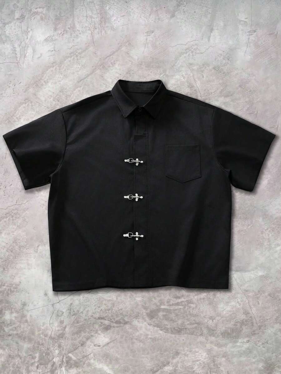 STYNVO 黑色纯色休闲商务男士衬衫，饰有飞机图案搭扣 - 黑色 - 查看 1