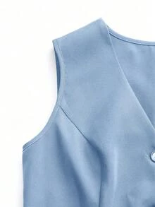 Qadelle Solid Color V-Neck Sleeveless Front Button Minimalist Fashion Vest - Baby Blue - View 7