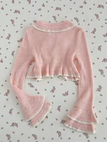 Elamini Cárdigan de manga larga con lazo y volantes en color rosa, versátil para primavera y verano - Rosa - Ver 2