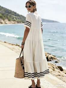 SHEIN Holidaya Đầm nữ cổ tròn tay ngắn màu mơ kẻ sọc, chất liệu vải dệt nhăn, thích hợp cho kỳ nghỉ: Đầm đi nghỉ mát, đầm màu mơ, đầm kẻ sọc, đầm thường ngày, đầm đi nghỉ lễ. Đầm đi biển, đầm hè, đầm thanh lịch, đầm dài mùa hè, đầm đi biển. - Màu be - Xem 3