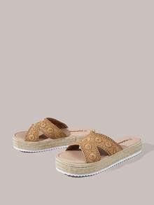 Styleloop Giày sandal đế xuồng nữ, sandal đế xuồng dệt kim màu trơn thời trang, sandal đế xuồng vải bố quai ngang mắt cá chân phong cách Bohemian retro, kiểu phương Tây, thích hợp cho các lễ hội âm nhạc, tiệc tùng, giày dép mùa xuân hè, lễ Phục sinh. - màu nâu - Xem 2