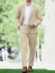 Manfinity Mode Bộ vest công sở nam đơn giản, màu trơn, gồm áo và quần, màu nâu, bộ 2 món, thích hợp cho sinh hoạt thường ngày, du lịch cuối tuần, hoạt động ngoài trời, môi trường làm việc thoải mái hoặc các dịp trang trọng, quà tặng cho bạn trai/chồng, quà kỷ niệm. - Màu Khaki - Xem 3