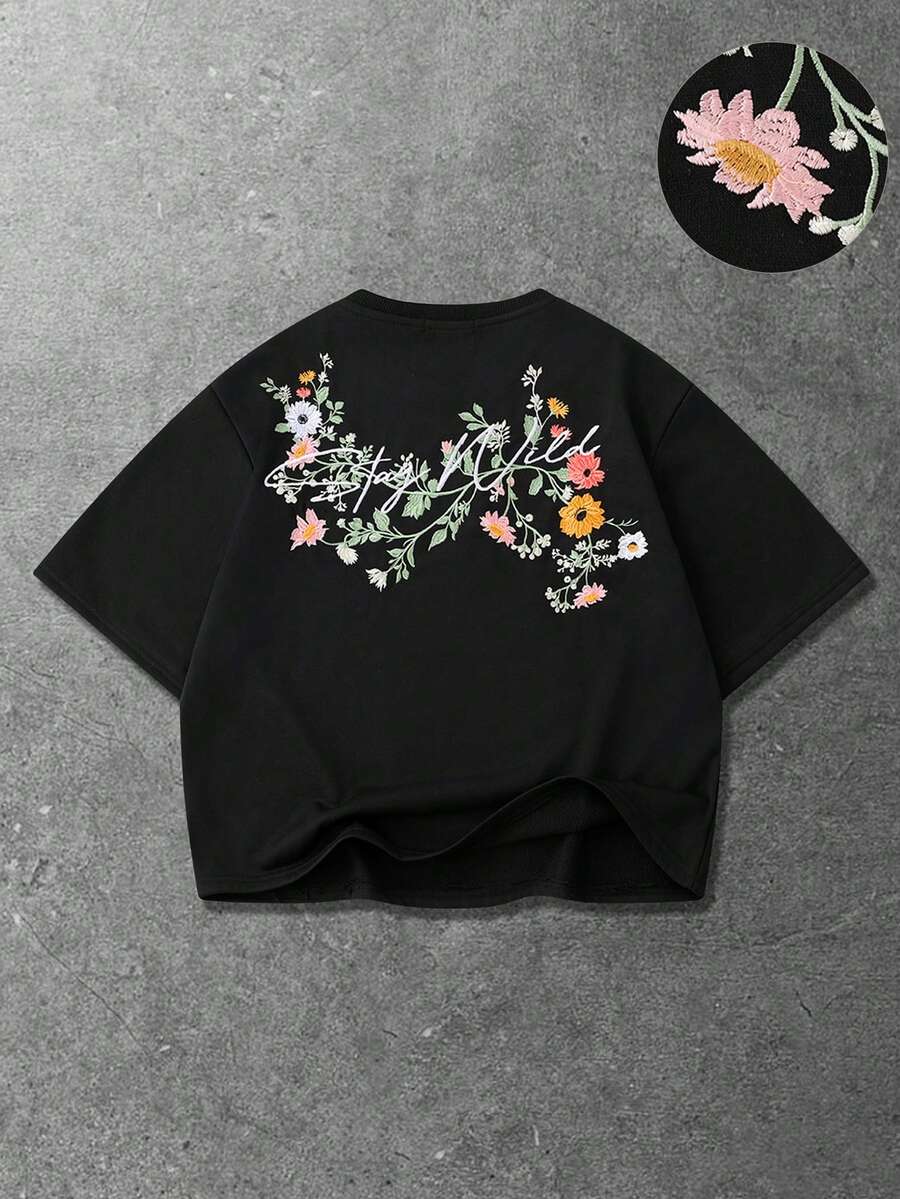 ROMWE MEN 男士花卉刺绣宽松圆领短袖T恤，休闲夏季款 - 黑色 - 查看 1