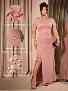 Allurite Vestido corto de manga corta con abertura en el bajo, con adornos de cuentas y cristales, elegante y apropiado para uso diario y fiestas, tallas grandes para mujeres - Rosa vieja - Ver 5