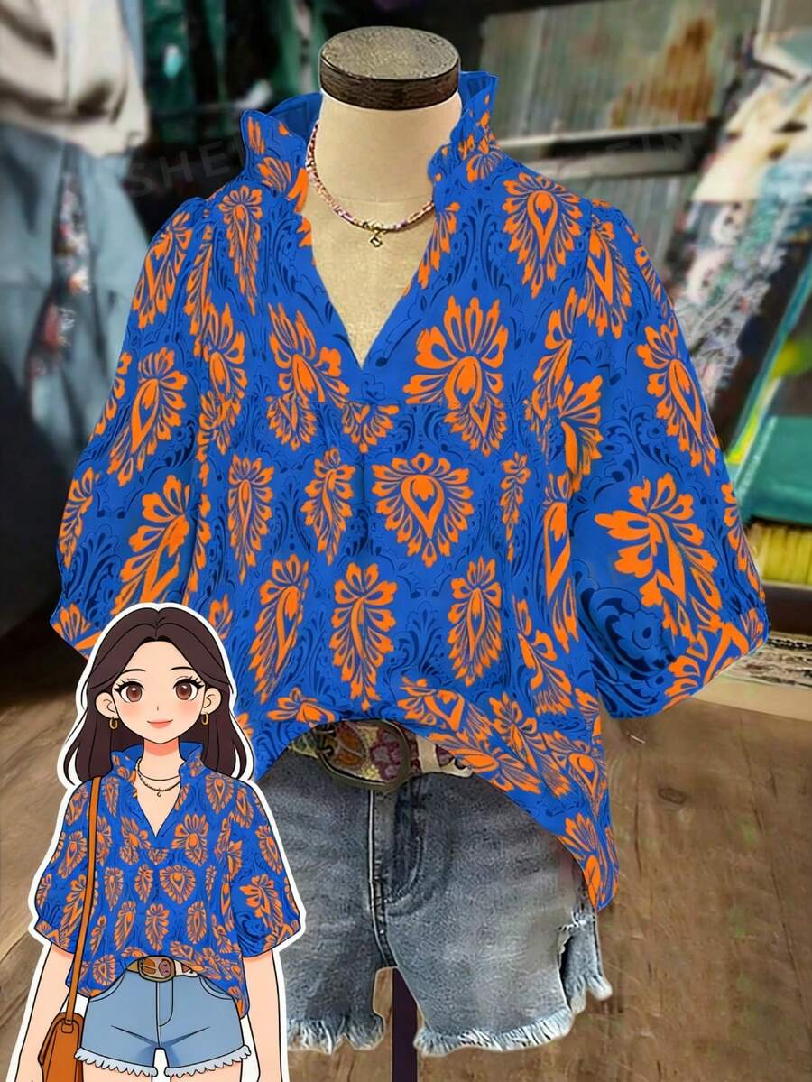 Franclia 大码女式度假泡泡袖V领休闲印花衬衫，春夏款 - 彩色 - 查看 1