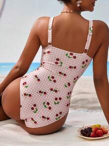 SHEIN Swim 1pc Women's Plaid Cherry Print One-Piece Swimsuit Summer - View 2