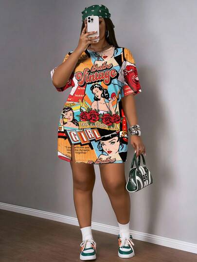 Slaydiva Vestido de manga corta con cuello redondo y estampado colorido para tallas grandes