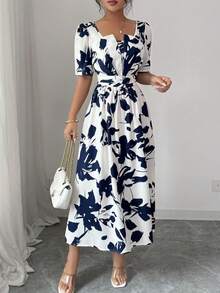 SHEIN PETITE 女士春夏新款法式度假约会日常通勤时尚泡泡灯笼袖收腰优雅印花A字长裙，蓝白 - 藍白色 - 查看 6