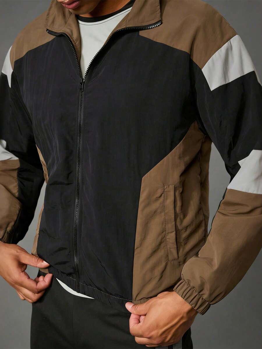 Acti Log Chaqueta deportiva casual y versátil para hombres, chaqueta de ocio al aire libre con diseño de patchwork, para otoño/invierno - Negro - Ver 1