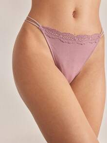 Ocili 3条装舒适简约100%纯棉蕾丝边弹力腰女士内裤，时尚秋季款 - 紫色 - 查看 3