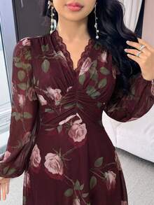 Modelyn Women's Floral Print Lace Trim Ruffle Elegant Waist Cinched Long Party Dress - Burgundy - View 2