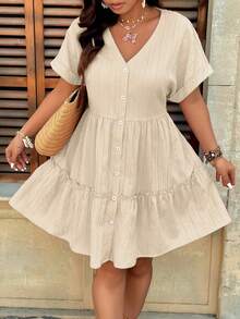 EMERY ROSE Plus Size V-Neck Batwing Sleeves Ruffle Hem A-Line Dress,Cute Beige Woven Fabric Textured Drop Shoulder Boho Summer Holiday Vacation Casual Dress - Apricot - View 3