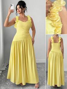 Elenzga Đầm nữ thanh lịch cổ chữ V, xếp ly vai, họa tiết hoa, thắt eo, màu vàng kem, thích hợp cho hẹn hò, du lịch, lễ hội âm nhạc, tiệc tùng và nhiều dịp khác, mùa xuân/hè. - Màu vàng - Xem 6