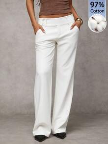SHEIN BAE 97% Cotton Casual & Formal White Pants For Women - White - View 8