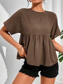 SHEIN Essnce Women's Solid Color Round Neck Loose Fit Babydoll Blouse,Summer Top - Coffee Brown - View 3