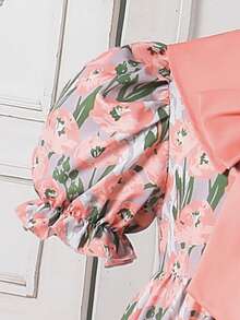 SHEIN 1件女童粉色花卉夏季優雅派對洋裝，波西米亞甜美度假風大蝴蝶結領短袖寬鬆膝長版型，藍色花卉 - 粉色 - 查看 5