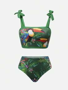 Swim Oasis 女士夏季沙滩花鸟印花休闲比基尼三角裤泳衣套装，含配套半身裙 - 彩色 - 查看 9