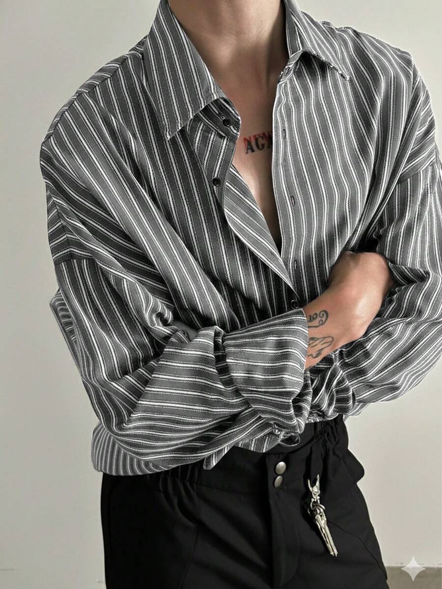 Manfinity Hypemode 男士条纹长袖单排扣休闲/商务衬衫 - 黑與白 - 查看 1