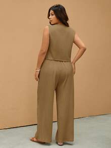 Elaquor Conjunto de 2 piezas de top de tirantes y pantalones de unicolor casual talla grande - Caqui - Ver 2