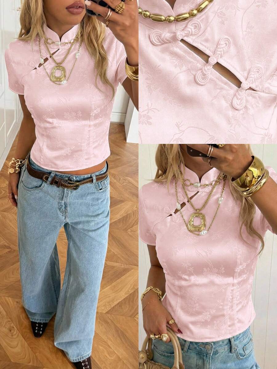 SHEIN EZwear 缎面提花女士纯色纽扣立领短袖缎面衬衫 - 淺粉色 - 查看 1