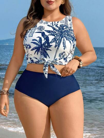 Swim Lushoire 2026 New Plus Size Modest Slimming Swimsuit 2-Piece Set | Halter Neck Design Covers Side Bust | Adjustable Front Tie For Better Fit | Blue & White Island Palm Print For Fresh & Flattering Look | Solid High-Waist Swim Shorts Conceal Abdomen & Hips | Beach Vacation Halter Bikini