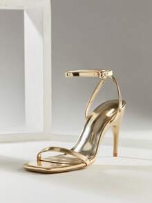 SHUZIA Women's Elegant Minimalist Square Toe Ankle Strap Stiletto Heel Sandals Summer Shoes - Gold - View 1
