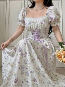 Glamine 浪漫粉色花卉拼接荷叶边领口花瓣袖系带腰身优雅度假长裙 - 紫色 - 查看 7