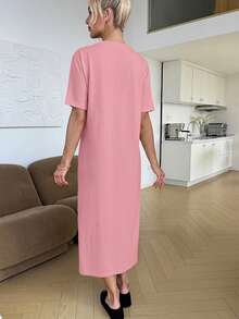 Slowluna Pregnant Women Solid Color Round Neck Short Sleeve Casual Dress - Pink - View 4
