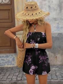 Brillora Black Minimalist Bandeau Jumpsuit With Purple Floral Pattern, Suitable For Summer - Black - View 8