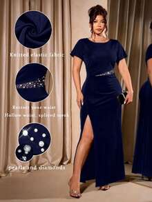 Cravure Plus Size Women Elegant Daily Party Beaded & Rhinestone Embellished Split Hem Short Sleeve Dress Hollow Waist Dress Matric Dance Dress For Women Designed Plus Size Dresses Navy Blue Dress Elegant Dresses For Ladies Special Occasion 2026 Hot Selling Style - Blue - View 1