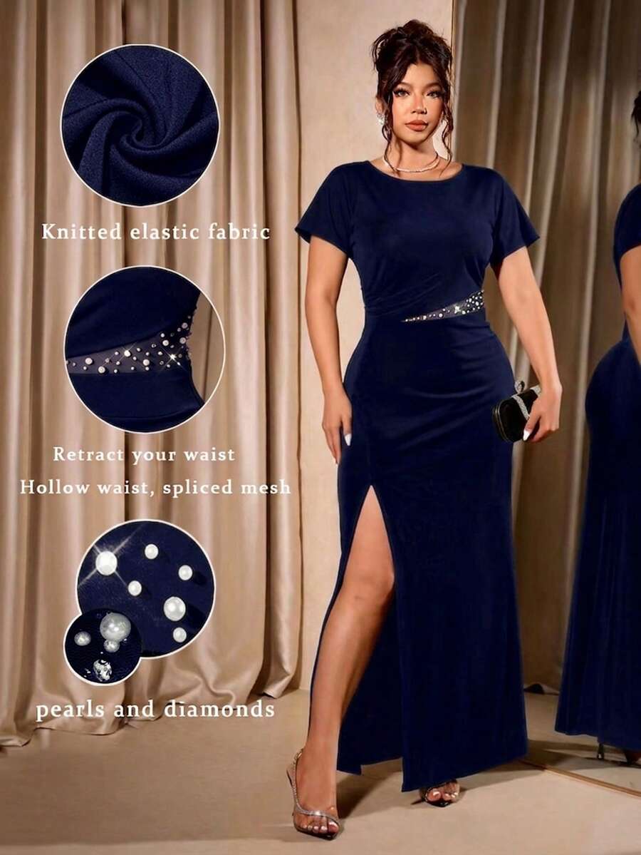 Cravure Plus Size Women Elegant Daily Party Beaded & Rhinestone Embellished Split Hem Short Sleeve Dress Hollow Waist Dress Matric Dance Dress For Women Designed Plus Size Dresses Navy Blue Dress Elegant Dresses For Ladies Special Occasion 2026 Hot Selling Style - Blue - View 1