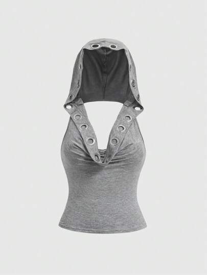 ROMWE Grunge Punk Y2K Punk Hot Girl Metal Grommet Decor Cropped Camisole With Hood And Plunging Neckline