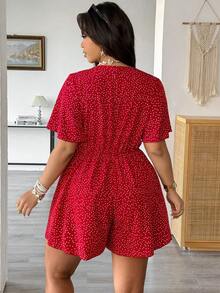 Vionelle Plus Size V-Neck Short Sleeve Flare Sleeve Belted Ruched Polka Dot Jumpsuit, Casual Summer Versatile Cute Dress For Women Vacation Outfits Women Dress Best Selling Dresses Womans Dresses - Red - View 3