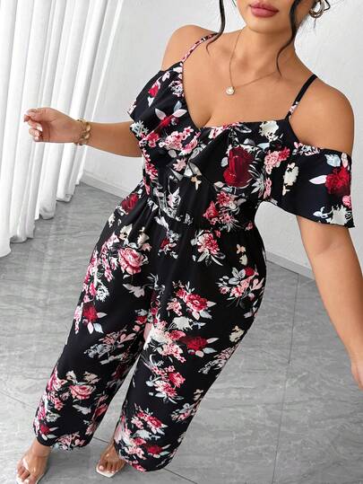 Elenzga Mono informal de talla grande con estampado para vacaciones, con tirantes de espagueti, hombros descubiertos y mangas cortas