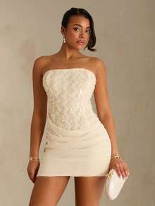 SHEIN Allurite 女士优雅修身无袖迷你连衣裙，亮片拼接，适合旅行、度假、音乐节、毕业典礼等场合 - 杏色 - 查看 4