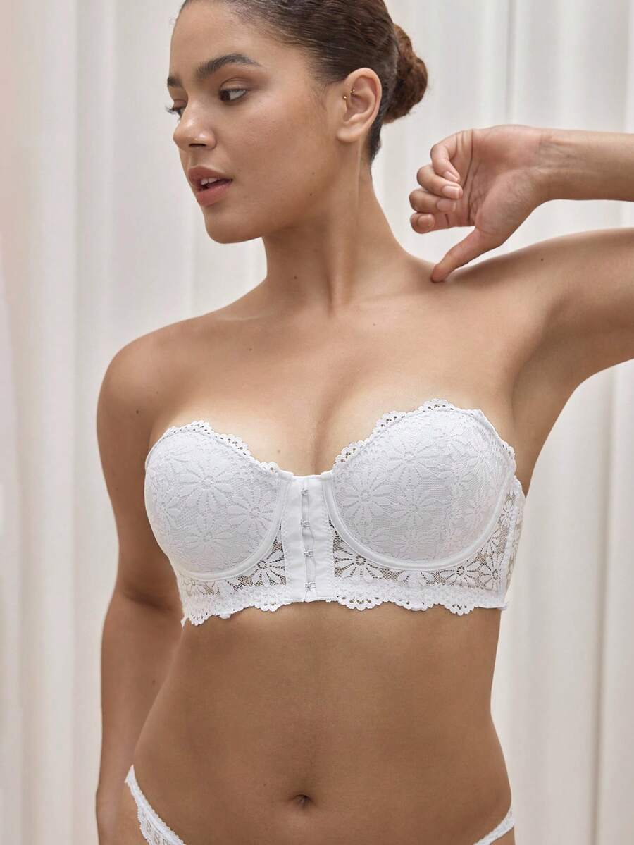 Bralution 1pc Women's White Lace Strapless Lingerie Bra With Underwire, Front Closure, Push Up - White - View 1