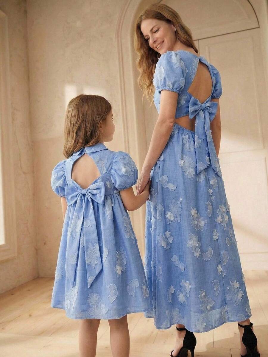 SHEIN 1件女童可爱蝴蝶结Polo领公主连衣裙设计泡泡袖衬衫裙,夏季 - 藍色 - 查看 1