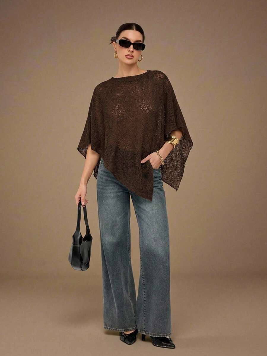 SHEIN Tall 新款时尚杏色多功能针织提花镂空连体露背披肩领多穿度假风轻薄罩衫棕色上衣