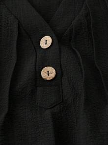 Linhara Plus Size Women Casual V-Neck Partial Button Ruffle Trim Blouse - Black - View 3