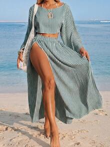 Swim Vcay Women's White Long Sleeve Split Casual Beach Cover Up Two Pieces Set - Dark Green - View 3