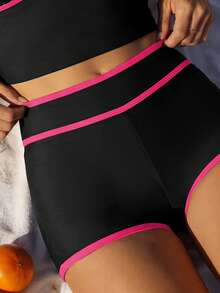 Swim Mod 2026 Spring/Summer Spaghetti Strap Blue & Apricot Contrast Triangle Cup High-Waist Shorts Sweet Women 2 Pieces Bikini Swimwear Bikini Swimming Bikini Shorts 2 Pieces Set Sporty Bikini Outfits For Women 2 Pieces Daily Wear Casual Vacation Swimwear For Women Shorts And Top Summer New Arrival - Black - View 4